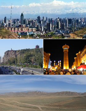 من أعلى: منظر پانورامي لوسط مدينة اورومقي، الجبل الأحمر (هونگ شان)، سوق اورومچي الليلي، ومنظر جبال تيان شان من اورومچي