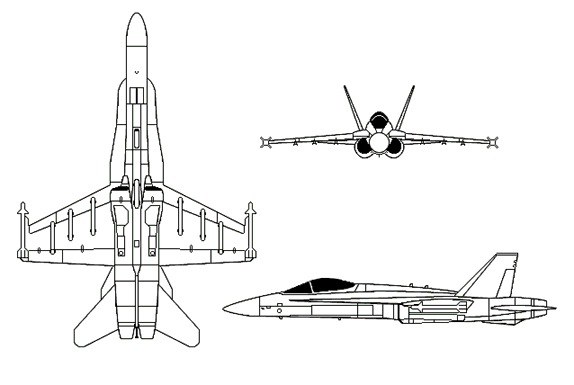 ملف:McDonnell Douglas F-A-18 Hornet 3-view line drawing.png