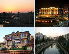 أعلى اليسار:Eskişehir Central railway station، أعلى اليمين: بلدية طپىباشي، أسفل اليسار: Museum of Modern Glass Art، أسفل اليمين: Porsuk River.
