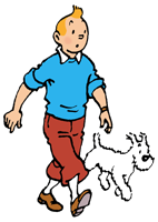 A cartoon drawing of a young man and his white dog walking against clear background.