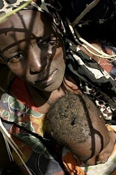 إمرأة وابنها لدى وصلها لمخيم كالما للاجئين في جنور دارفور.