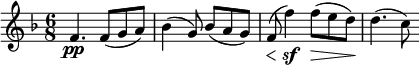\relative c' {
        \set Score.currentBarNumber = #37
        \key f \major
        \time 6/8
        f4.\pp f8( g a)
        bes4( g8) bes( a g)
        \override DynamicLineSpanner.staff-padding = #2
        f(\< f'4)\sf f8(\> e d)\!
        d4.( c8)
    }