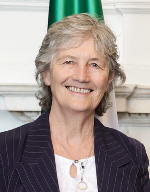 An above shoulder portrait of Catherine Connolly. She is a woman with grey and curly shoulder length hair. She is wearing a dark pinstriped blazer over a white blouse. She is smiling staring directly at the camera.