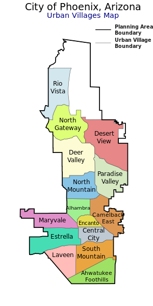 a graphic representation showing how Phoenix is broken up into 15 urban villages