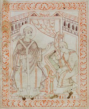 Manuscript drawing of a seated haloed figure in vestments, with a bird on his right shoulder, talking to a seated scribe writing.