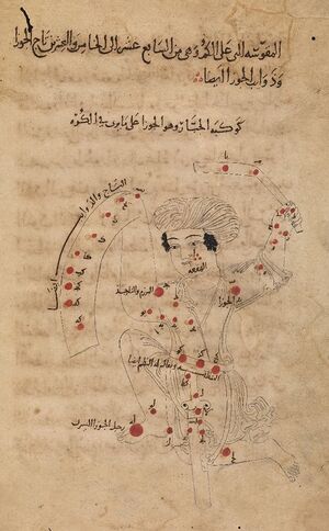 Medieval illustration showing the stars of Orion overlaid with an image of a warrior