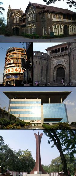 من فوق: كلية فرگسون، طريق المهاتما غاندي (يسار)، Shaniwarwada (يمين)، the HSBC Global Technology India Headquarters، وNational War Memorial Southern Command
