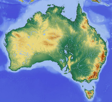 Map showing the topography of Australia, showing some elevation in the west and very high elevation in mountains in the south-east
