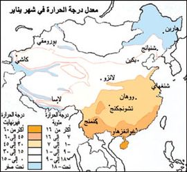 تنخفض درجة الحرارة في الشتاء انخفاضًا كبيرًا في الشمال والجنوب. وتبلغ درجات الحرارة في يناير دون - 18م في كل من منشوريا والتيبت، وتزيد على 16م على الساحل الجنوبي.