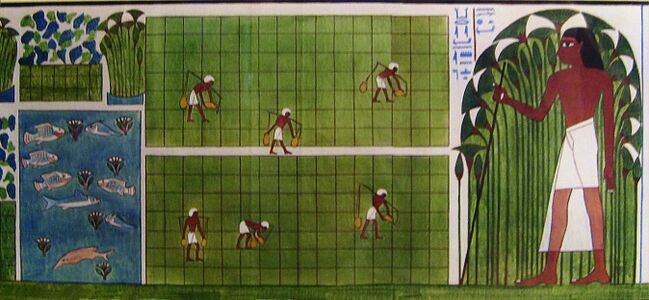 The gardens of ancient Egypt were symbols of rebirth. Tomb painting of the gardens of Amon at the temple of Karnak, from the tomb of Nakh, the chief gardener. Early 14th century BC.