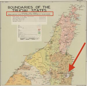 إحدى خرائط جوليان ووكر لمنطقة الجزيرة العربية، يظهر عليها منطقة الخلاف وسط الفجيرة.