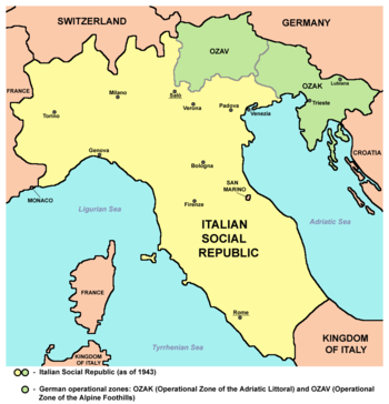 خريطة الجمهورية الإشتراكية الإيطالية (RSI) as of 1943 in yellow and green. The green-shaded areas in the northeast were German military operational zones that were officially part of the RSI, though were in fact effectively under direct German administration. من خط گوستاڤ إلى الخط القوطي