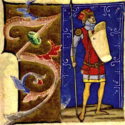 Chronicon Pictum, Hungarian, Szabolcs, chieftain, shield, spear, armor, red, medieval, chronicle, book, illumination, illustration, history