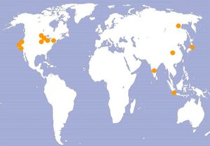 map of the world with dots where Hurwicz visited or worked