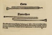 Virdung illustrated (1511 AD) bent trumpets including clareta, thin tubed to produce high notes. Thurner horn; may be thürmer (tower), as in tower watchmen.[26]