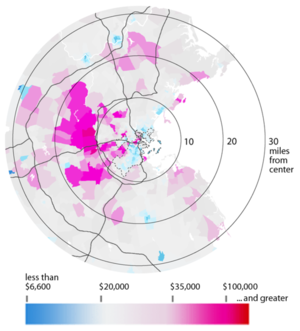 Map of Boston and the surrounding area displaying per capita income distribution