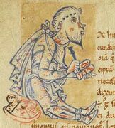 Initial E shaped in the form of a writing man, probably representing Macrobius himself.