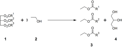 Transesterification of triglycerides with ethanol.png