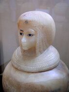 Canopic jar lid of Kiya. She was one of Akhenaten's secondary wives. It was once believed that she was the mother of Tutankhamun, but that was proven not the case when DNA revealed it not so.