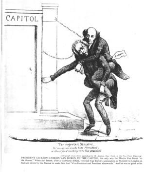 Cartoon image of an older man riding on the back of another older man and stumbling toward the steps of a building labeled "Capitol"