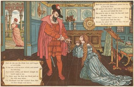 L'épouse supplie La Barbe bleue de l'épargner. A gauche, la sœur Anne, qui s'apprête à monter au haut de la tour