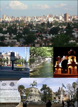 من أعلى اليسار: منظر بانورامي لوسط مدينة كوردوبا، شارع سان خوان، غدير لا كنيادا، قوس كوردوبا، لوح تذكاري يخلد بإعتبار الحي اليسوعي موقع تراث عالمي عام 2000، ميدان سان مارتن.