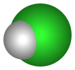 Space-filling model of hydrogen chloride with atom symbols