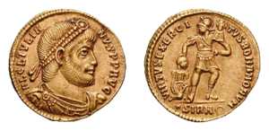 Solidus, obverse showing Julian as philosopher, reverse symbolizing the strength of the Roman army