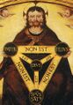 Renaissance painting by Jerónimo Cosida depicting Jesus as a triple deity Inner text: The Father is God; the Son is God; the Holy Spirit is God