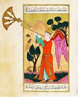 As European bent-tube instruments spread, Islamic countries began applying the technique to their own trumpets, even in fantastic imagery. 16th century AD.