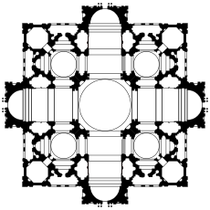 This is plan 1 of 3. The plan is based on a square, superimposed on a cross with arms of equal length. The cross makes the main sections of the church building: nave and chancel crossed by the transepts, with a circular dome over the crossing. There are four smaller domes, one in each corner of the square. The arms of the cross project beyond the square.