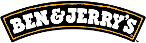 A black crescent with a thin interior orange border, followed by the text "Ben & Jerry's".