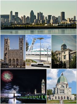 From top to bottom, left to right: Downtown Montreal, Notre-Dame Basilica, Olympic Stadium, McGill University, Old Montreal featuring the Clock Tower and Jacques Cartier Bridge at the Fireworks Festival, Saint Joseph's Oratory