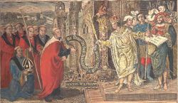 An engraving, which is a 17th-century copy, of an earlier painted Tudor mural in Chichester cathedral depicting Cædwalla confirming the granting of land to Wilfrid to build his monastery in Selsey