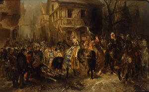 Charles Rochussen - Jacoba van Beieren, het veroverde Gorcum binnentrekkende, ontmoet het lijk van Willem van Arkel - DM-878-205 - Dordrechts Museum.jpg