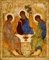 The Trinity by Russian icon painter Andrei Rublev, early 15th century: this portrayal of the three angels who visited Abraham at the Oak of Mamre (Genesis 18:1–8)
