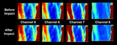 Preliminary, uncalibrated LRO/Diviner thermal maps of the Centaur/LCROSS impact site acquired two hours before the impact, and 90 seconds after the impact. The thermal signature of the impact was clearly detected in all four Diviner thermal mapping channels.