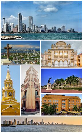 أعلى: Bocagrande Harbor. الصف الثاني: View of Santa Cruz Manga Island, Heredia Theatre. الصف الثالث: ClockTower (Torre del Reloj), Cloister of San Agustín (University of Cartagena), San Felipe Barajas Castle (Castillo de San Felipe de Barajas) (above), Charleston Hotel (below). أسفل: City Skyline.