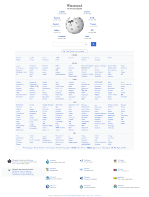 Wikipedia's homepage with links to many languages.