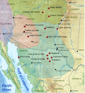 A map of the American Southwest and the northwest of Mexico showing modern political boundaries. Overlaid over them are four colored and labeled territories: "Anasazi", "Hohokam", "Petaya", and "Mogollón". Anasazi land is colored green.