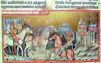 Chronicon Pictum, Hungarian, Apor, Botond, Byzantine, Constantinople, duel, medieval, chronicle, book, illumination, illustration, history