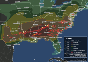 Map plotting locations of tornado touchdowns and tornado warning polygons across the Southeastern United States