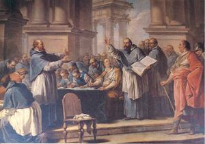 Painting of Augustine of Hippo arguing with a man before an audience