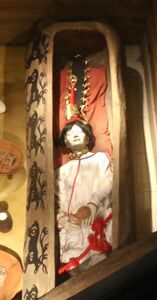 Siberian Ice Maiden inside her wooden sarcophagus (reconstruction from burial, Anokhin Museum).[16]