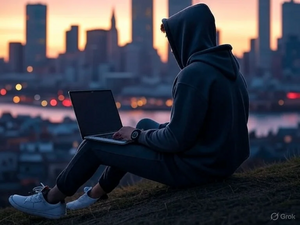 An image generated with Aurora of a person using a laptop outdoors