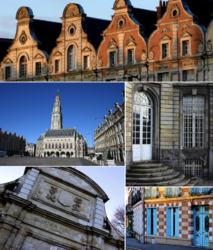 Clockwise from top: A row of Flemish-Baroque-style townhouses, the Saint-Vaast Abbey, a colorful house, the Vauban Citadel, and the Town Hall and its Belfry