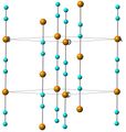 Figure 1: The structure of HT-CuCN showing the chains running along the c axis. Key: copper = orange and cyan = head-to-tail disordered cyanide groups.