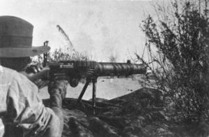A soldier is looking through the sights of a machine gun amongst the grass in the prone position.