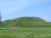 Monks Mound of Cahokia (UNESCO World Heritage Site) in summer. The concrete staircase follows the approximate course of the ancient wooden stairs.
