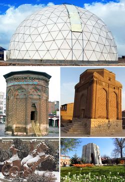 أعلى: مرصد مراغة، يسار الصف الأوسط: مقبرة گنبد كبود (القبة الزرقاء)، وسط اليمين: القبة القرمزية، يسار الصف الأسفل: تمثال أناهيتا، يمين الأسفل: مقبرة أوحد الدين أوحدي